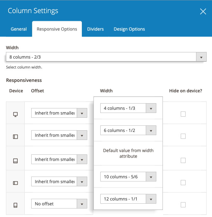 Control column size on different devices