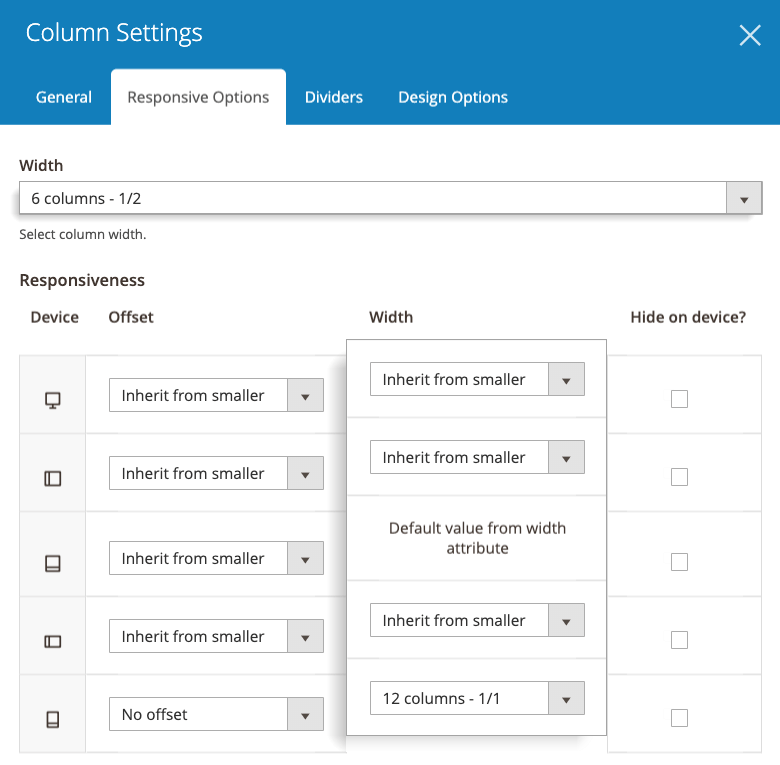 Control column size on different devices